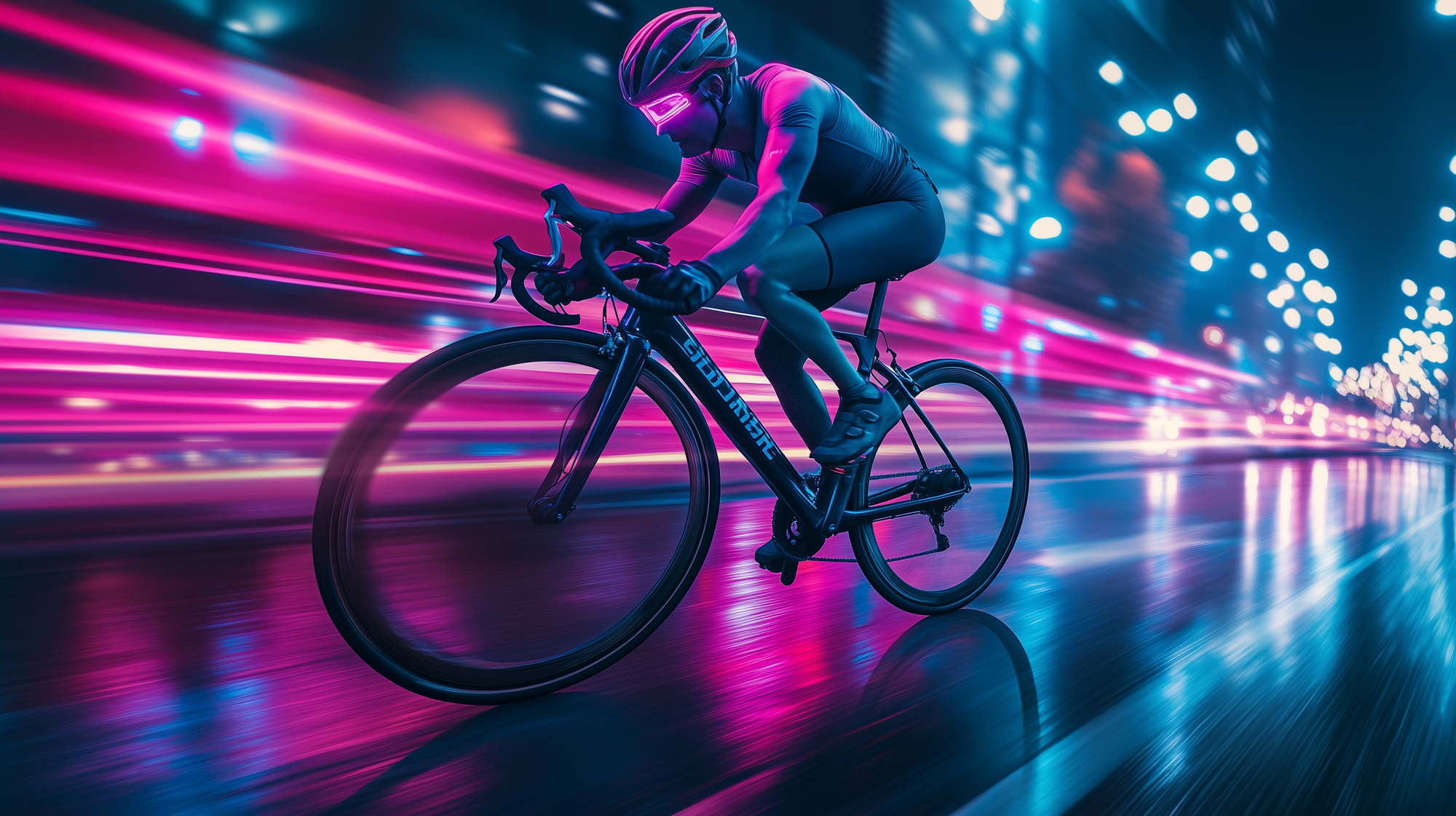 close-up side view of a road bicycle being ridden by a slightly overweight 50 year old male wearing cycling gear