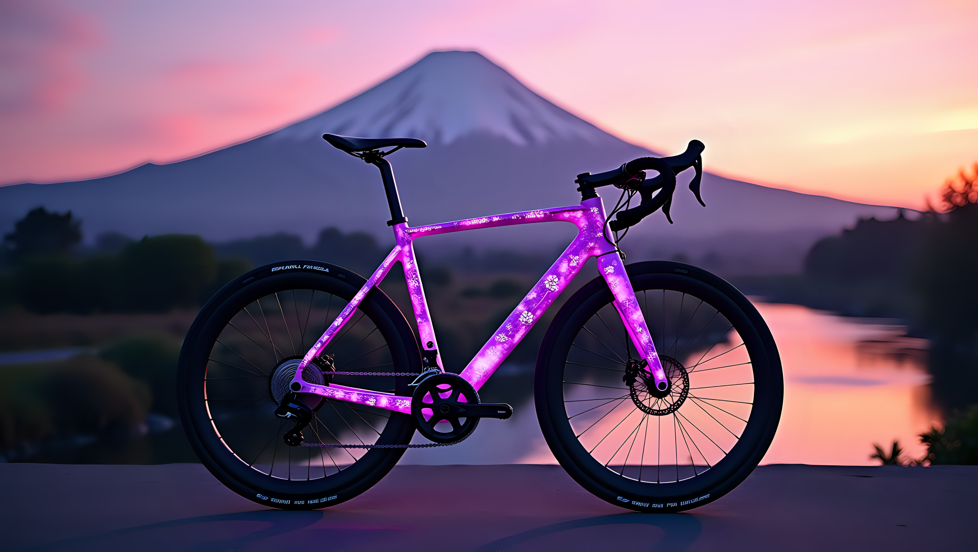 purple road bike with mount fuji in the background