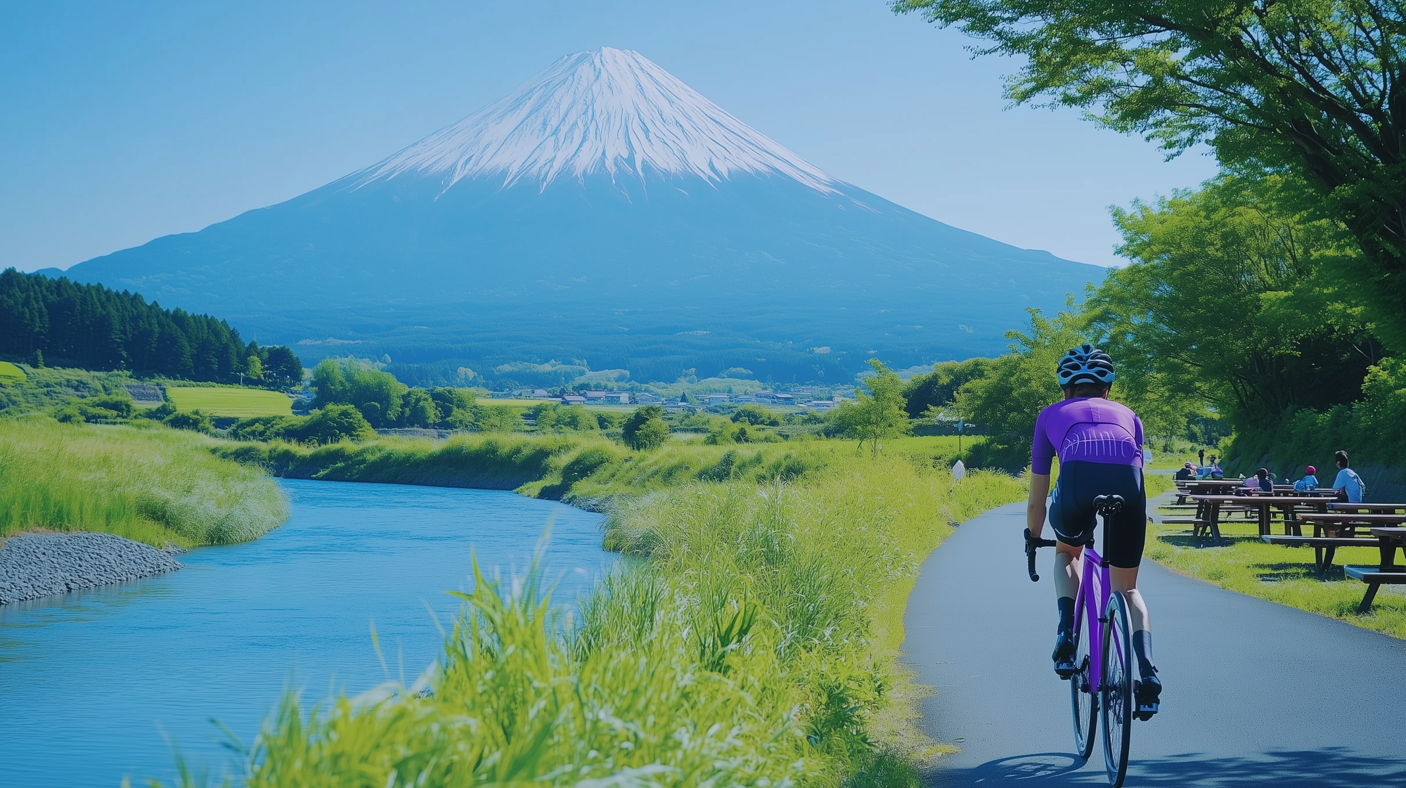 man in purple cycling gear riding a matte purple road bike along a cycling path with mount fuji in the background